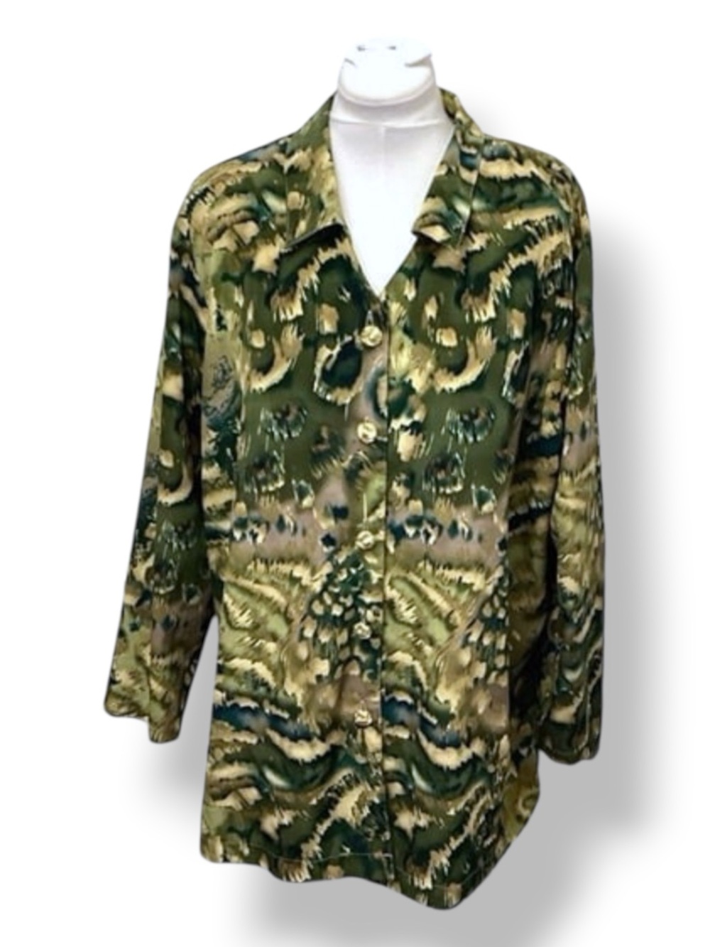 C.M. Shapes Women’s Long Sleeve Button Down Shirt Shacket VTG Abstract Jungle 2X